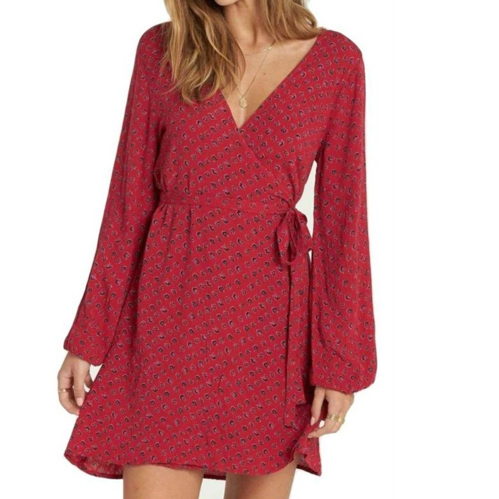 Billabong Long Sleeve Wrap Dress - Red Floral Print